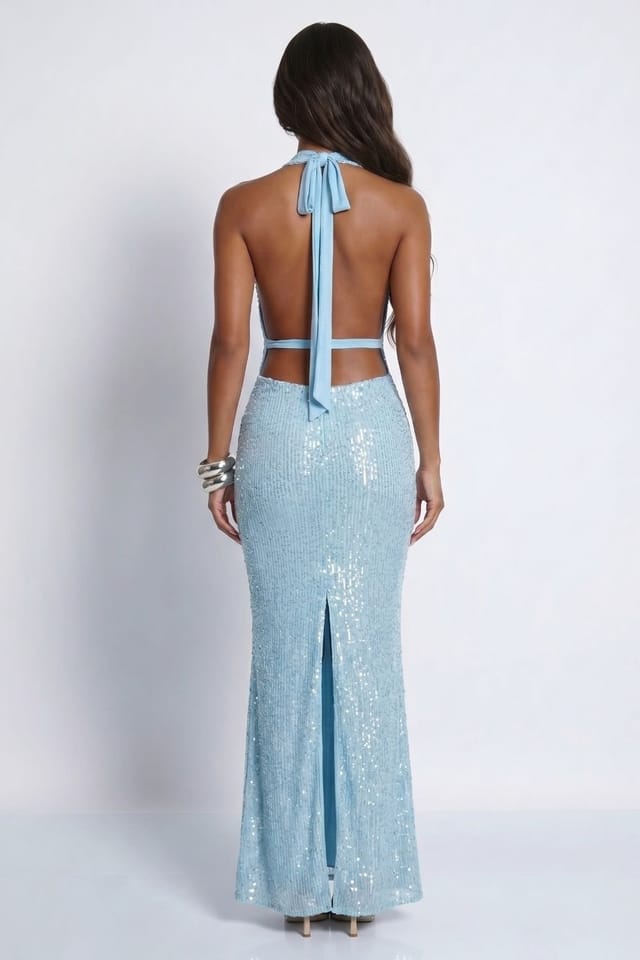 LEMONLUNAR LEMONLUNAR Women's The Salome Sequin Maxi Dress Low Plunge in Blue - 3