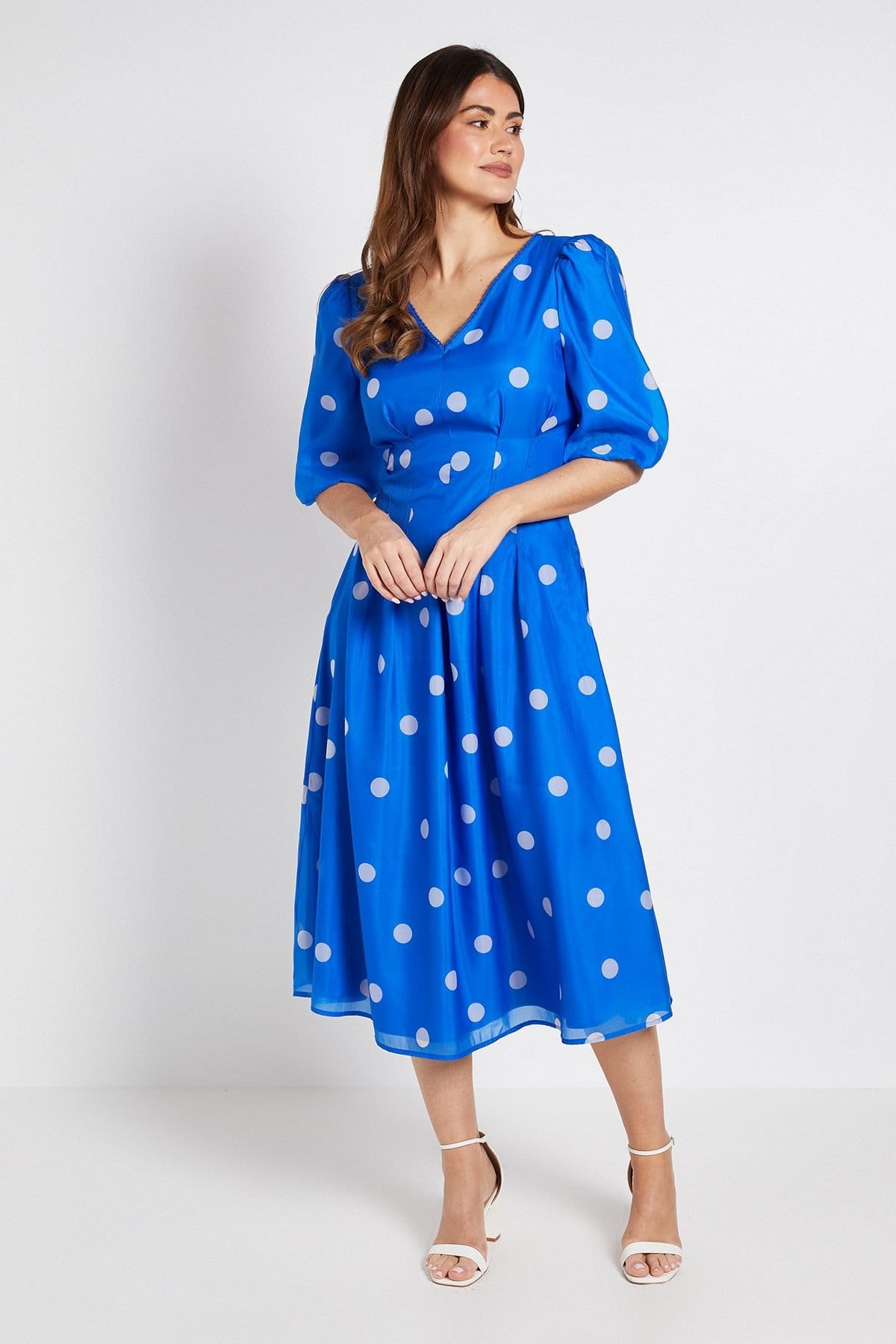 Wallis Women's Polka Dot Lace Trim Puff Sleeve Midi Dress in Cobalt