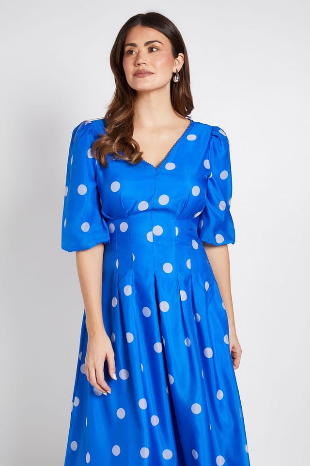 Wallis Wallis Women's Polka Dot Lace Trim Puff Sleeve Midi Dress in Cobalt - 2