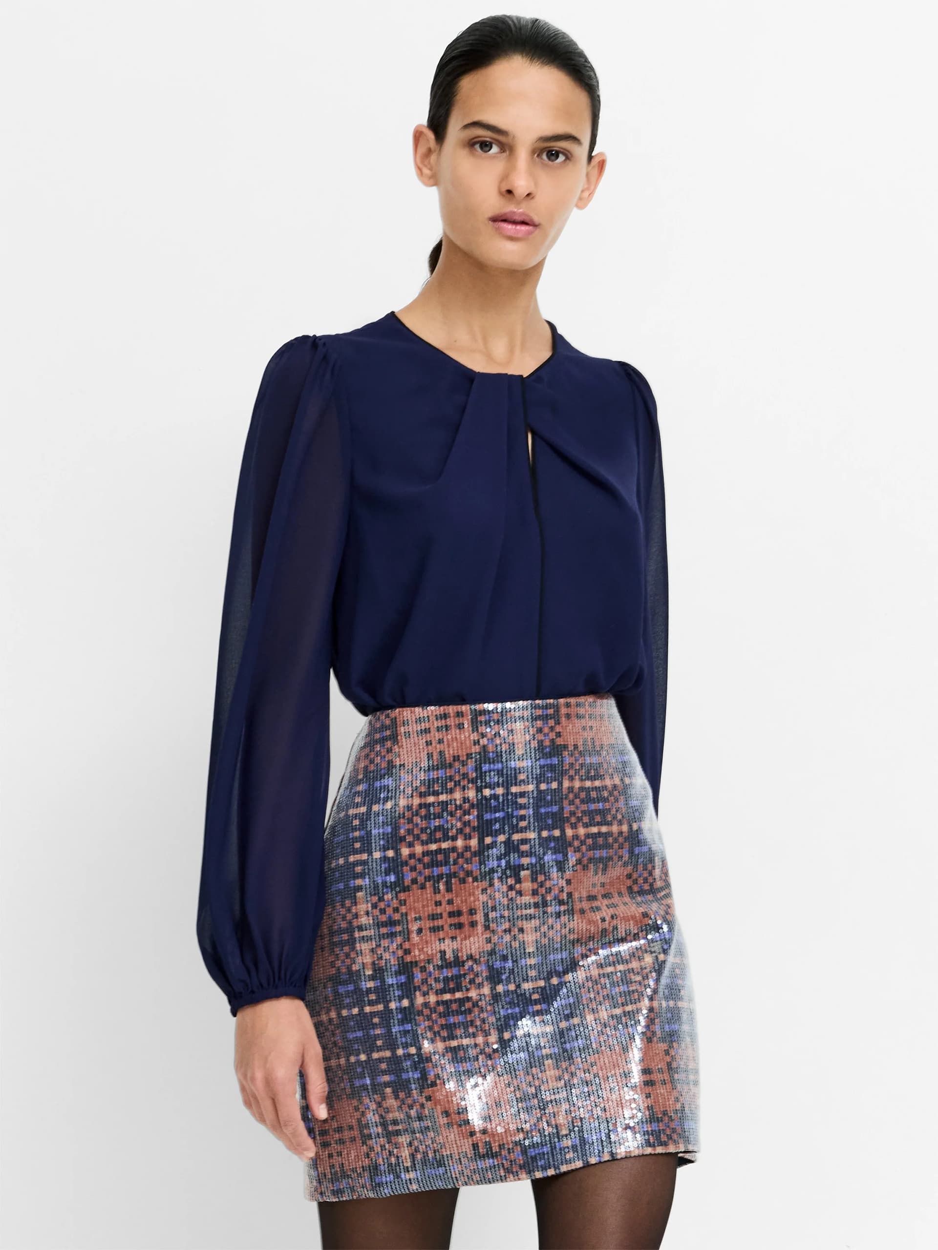 French Connection Eden Navy Georgette Twist Neck Blouse Midnight Blue