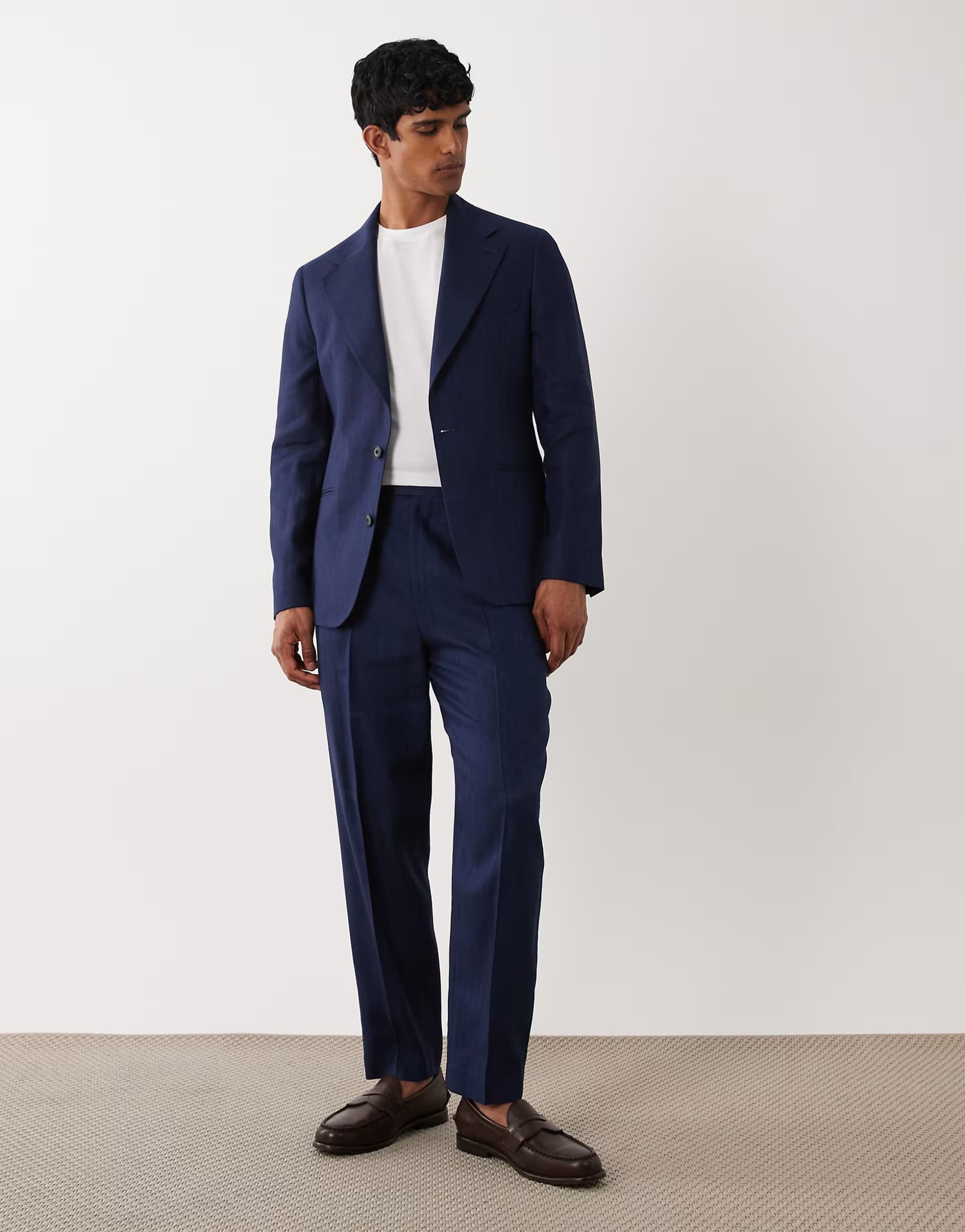 ASOS ASOS DESIGN relaxed tapered premium linen rich suit trousers in navy