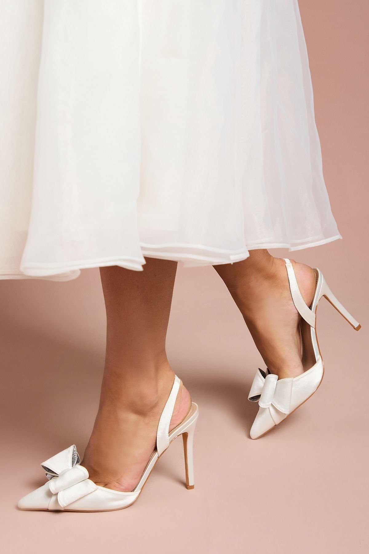 Coast Coast White Satin Bridal Court Shoes with Bow Detail
