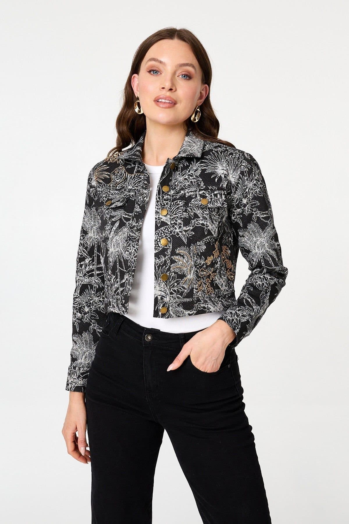Izabel London Izabel London Women's Tropical Print Textured Cropped Jacket in Black