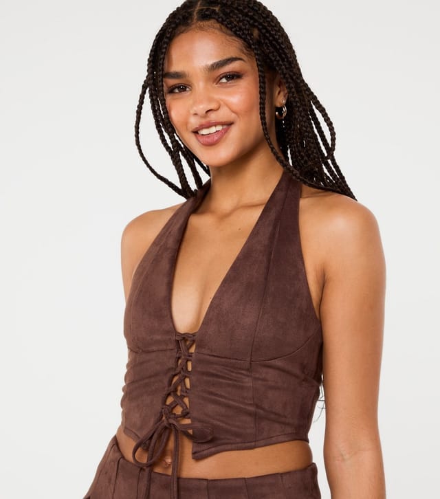 Pink Vanilla Women's Dark Brown Faux Suede Tie Up Corset Top Pink Vanilla New Look - 3