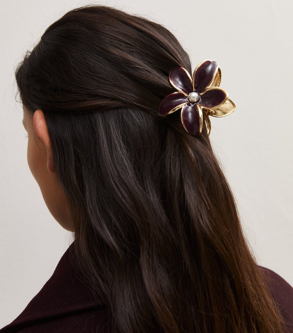 New Look Dark Burgundy Faux Pearl Flower Hair Claw Clip New Look