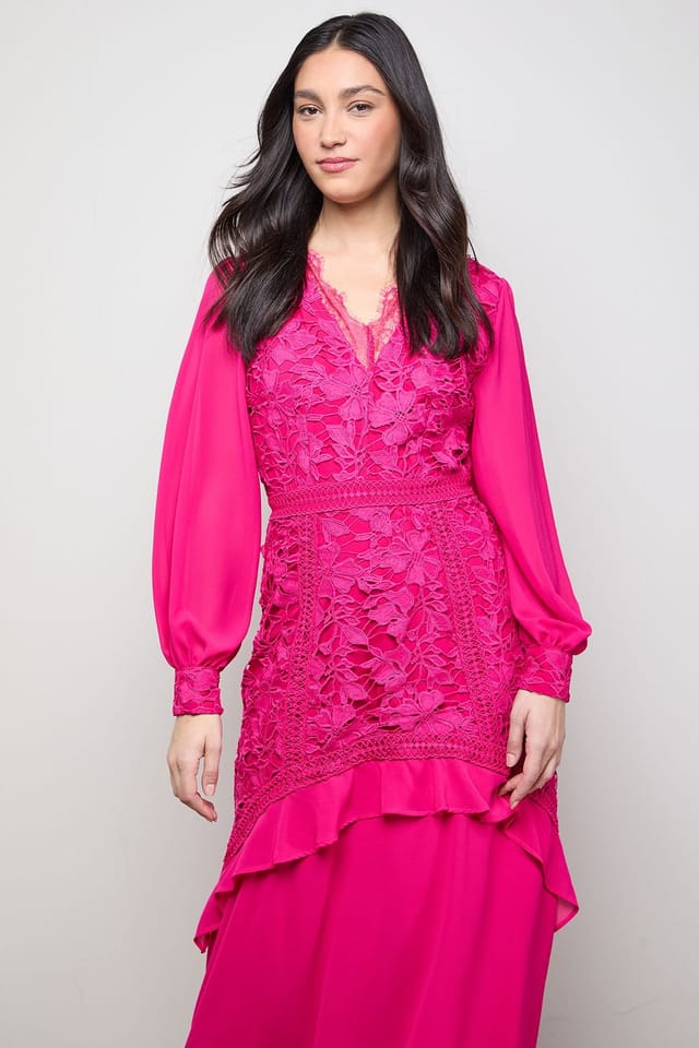 Oasis Oasis Women's Lace Puff Sleeve V Neck Midaxi Dress in Fuchsia - 2