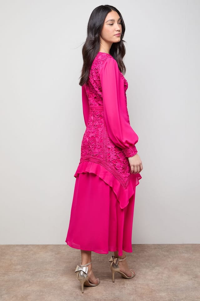 Oasis Oasis Women's Lace Puff Sleeve V Neck Midaxi Dress in Fuchsia - 3