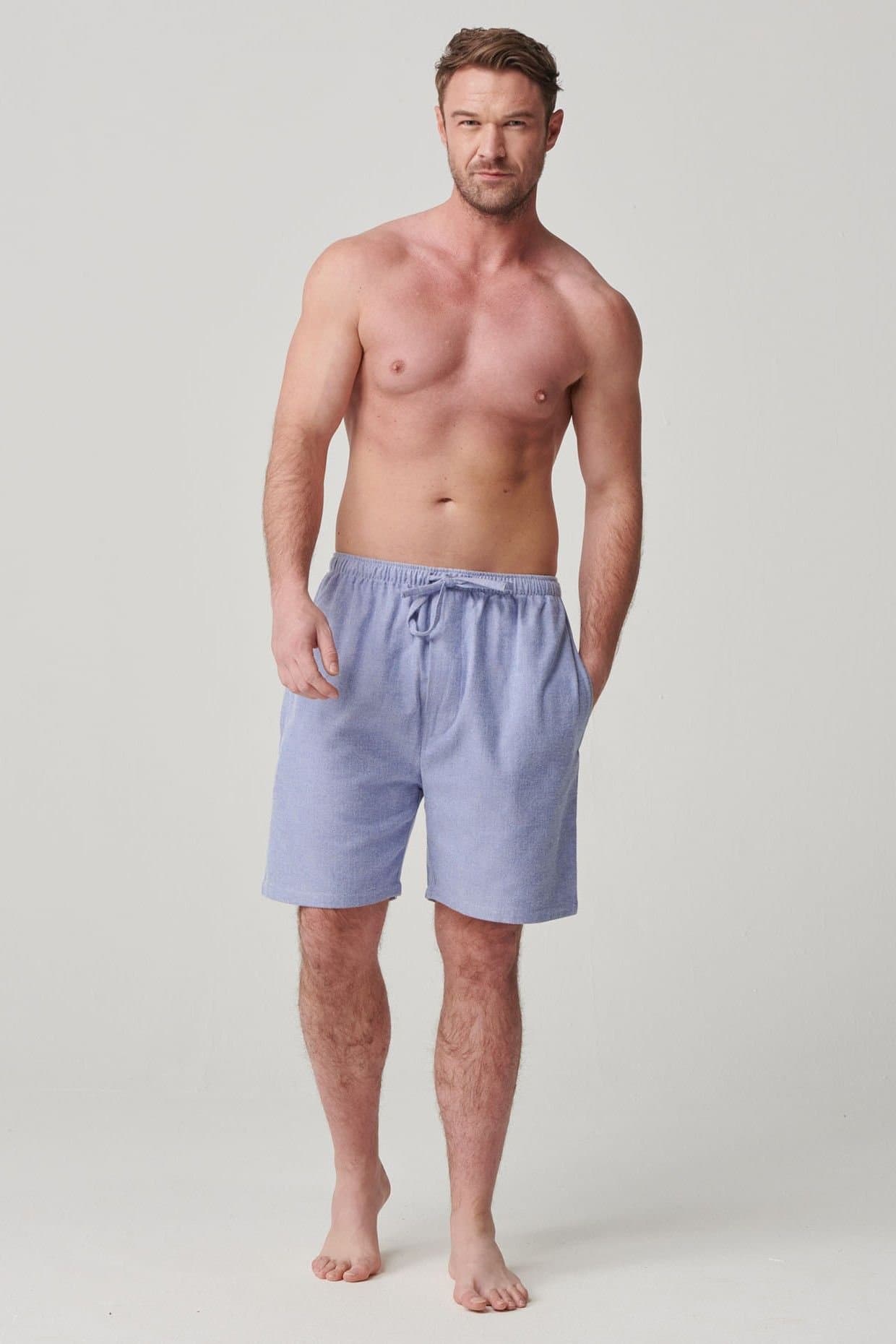 British Boxers British Boxers Men's "Staffordshire Blue" Herringbone Brushed Cotton Sleep Shorts in Light Blue