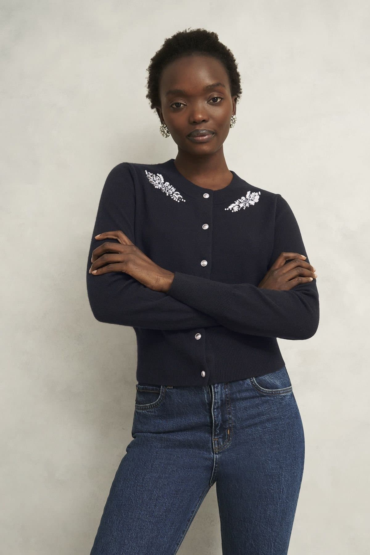 Hobbs London Hobbs London Women's Penelope Gem Long Sleeve Cardigan in Dark Navy