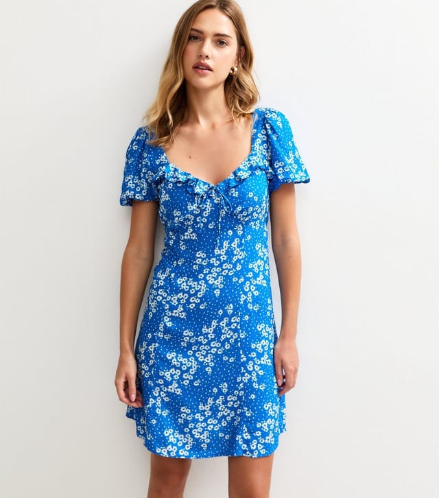 New Look Women's Blue Daisy Print Ruffle Trim Tie Mini Dress New Look - 3