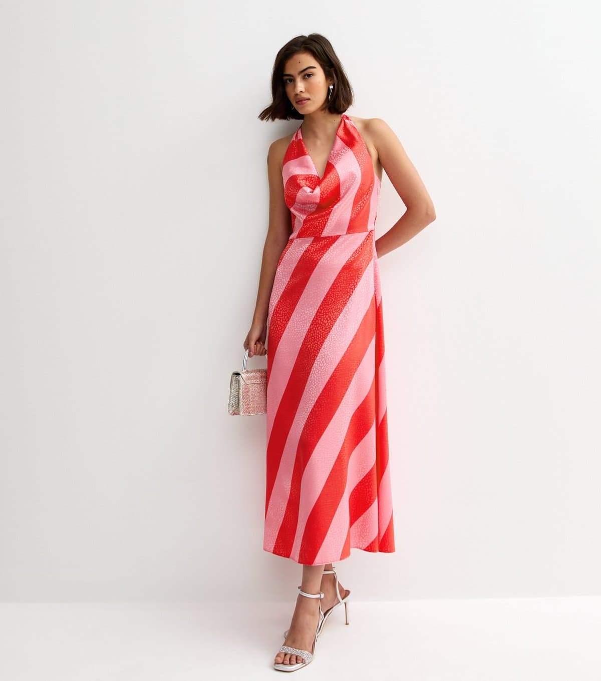 New Look Women's Pink Satin Striped Halter Neck Midi Dress New Look