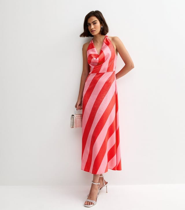 New Look Women's Pink Satin Striped Halter Neck Midi Dress New Look - 2