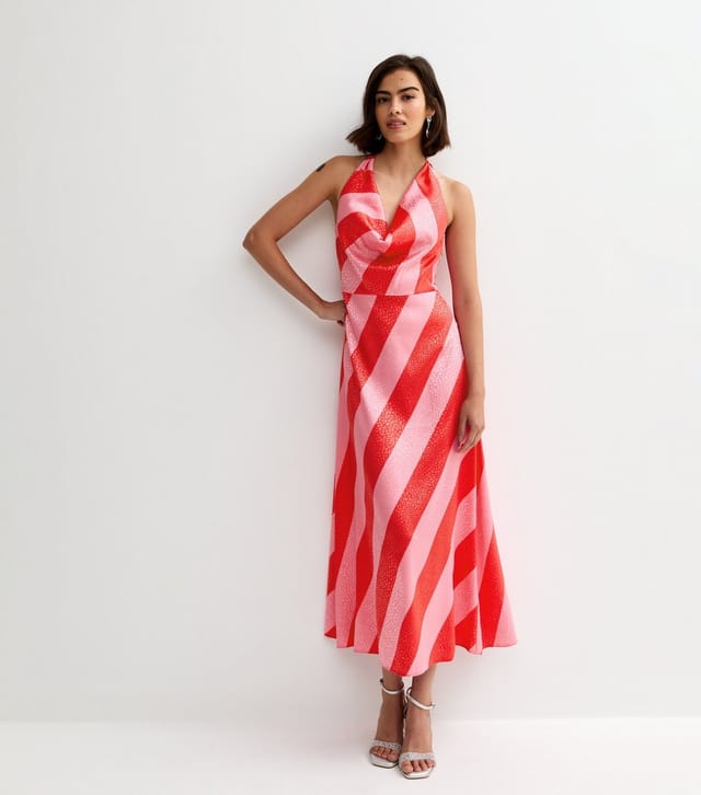 New Look Women's Pink Satin Striped Halter Neck Midi Dress New Look - 3