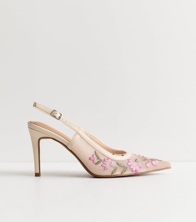 New Look Women's Off White Floral Embroidered Mesh Slingback Court Shoes Vegan New Look - 2