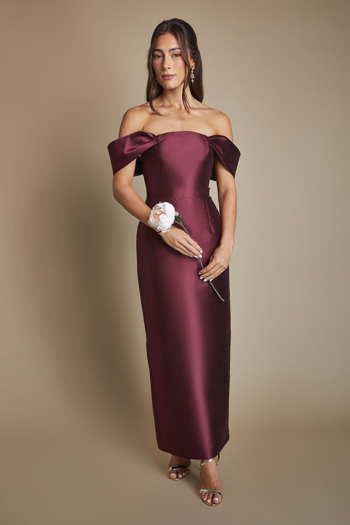 Coast Coast Women's Honoured Twill Bardot Column Midi Bridesmaid Dress in Malbec