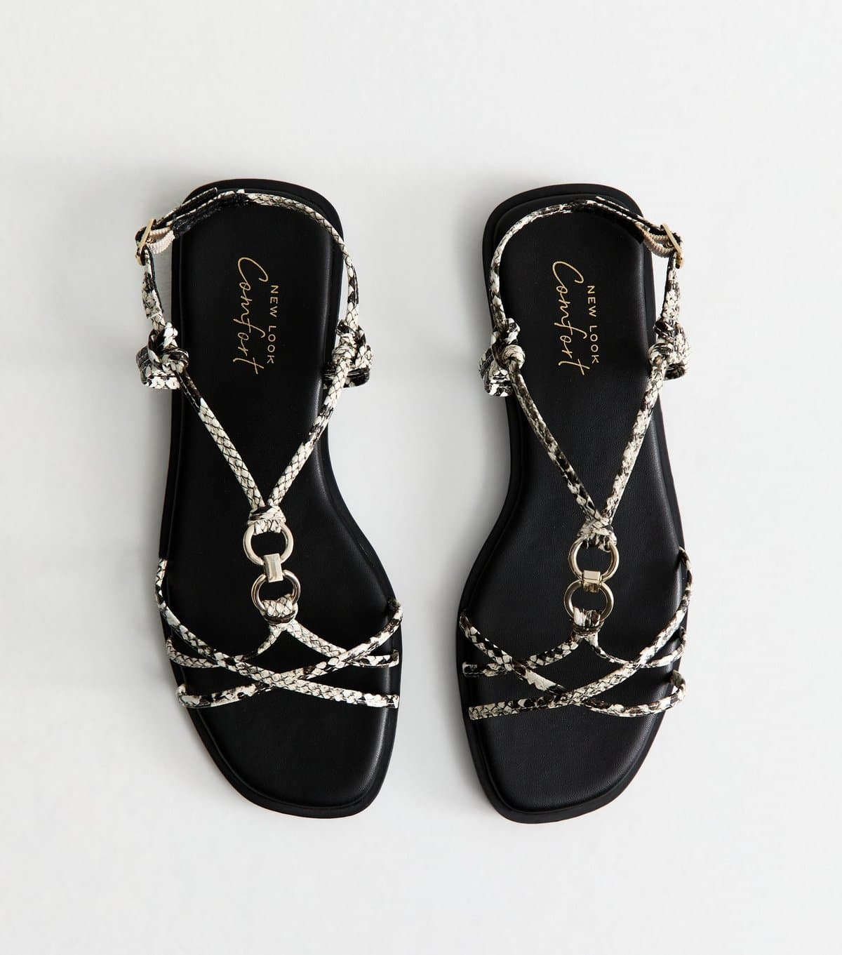 New Look Women's Cream Snakeskin Print Multi Strap Faux Leather Flat Sandals New Look