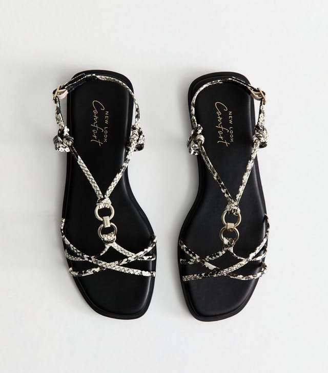 New Look Women's Cream Snakeskin Print Multi Strap Faux Leather Flat Sandals New Look - 2