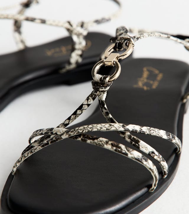 New Look Women's Cream Snakeskin Print Multi Strap Faux Leather Flat Sandals New Look - 3