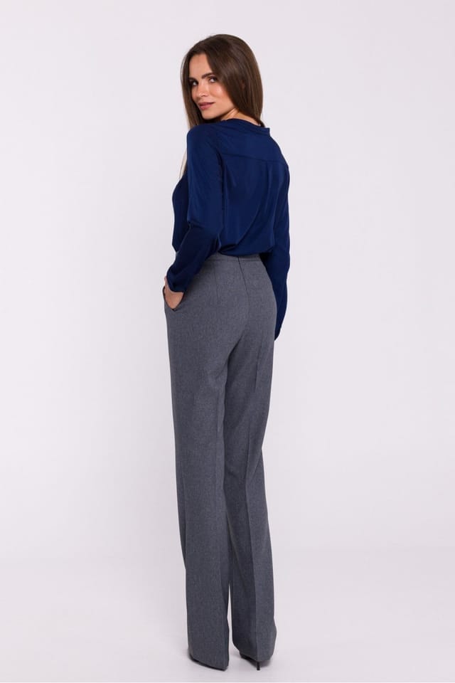 Love Lace Love Lace Women's Elegant Flared Hem Pressed Trousers High Rise in Grey - 3