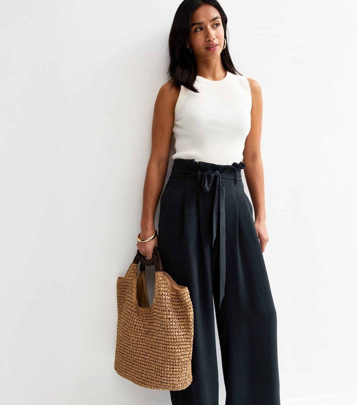 New Look Women's Petite Navy Paper Bag Waist Wide Leg Trousers New Look