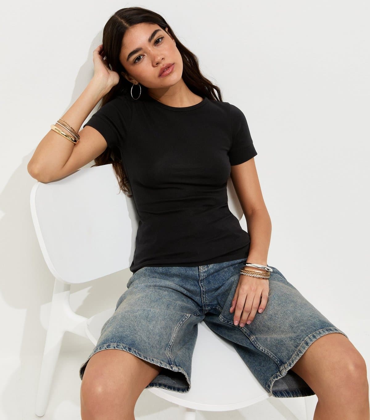 New Look Women's Black Cotton Rich Deep Cuff Fitted Crew Neck T-Shirt New Look