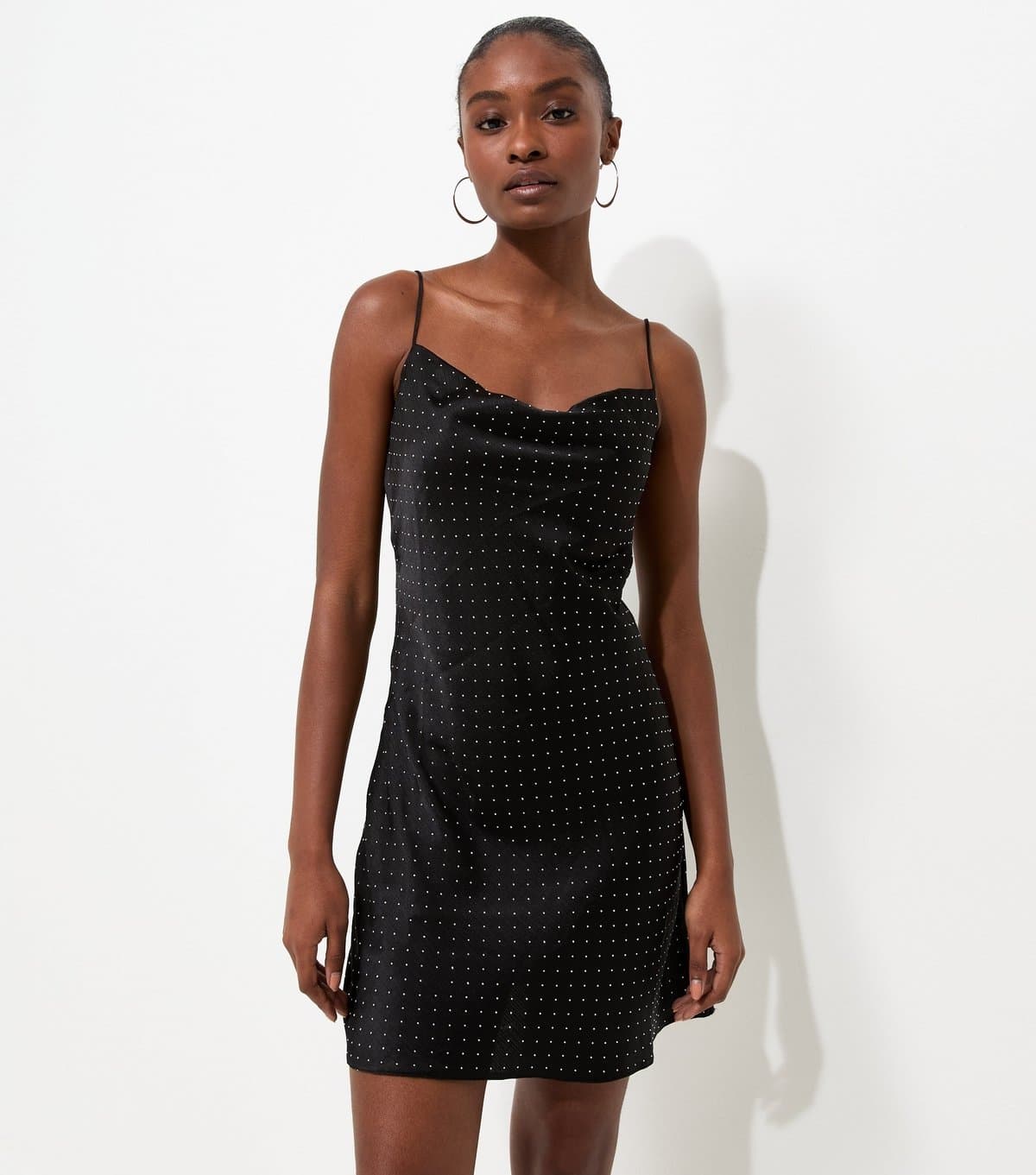 New Look Women's Black Satin Gem Embellished Cowl Neck Mini Dress New Look