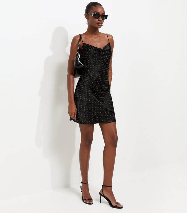 New Look Women's Black Satin Gem Embellished Cowl Neck Mini Dress New Look - 3