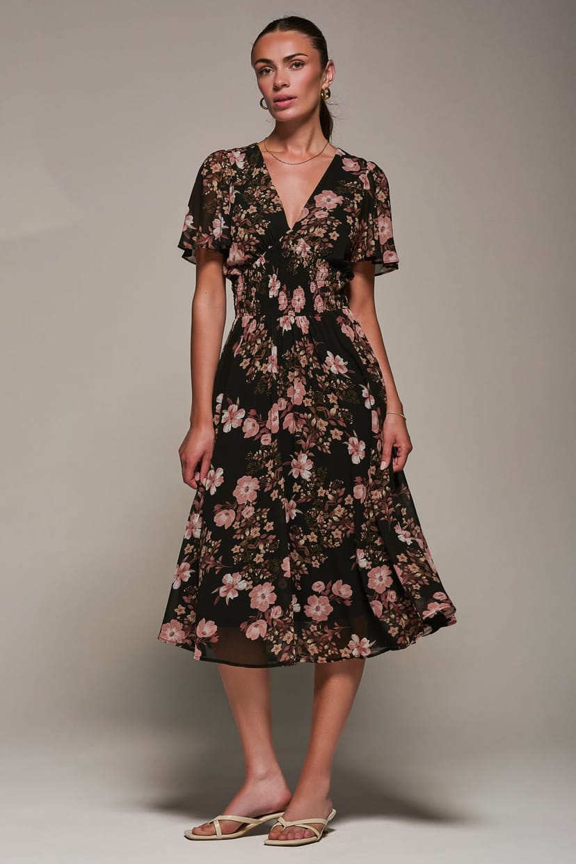 Jolie Moi Jolie Moi Women's Chiffon Tie Back Detail Midi Dress in Black - 1