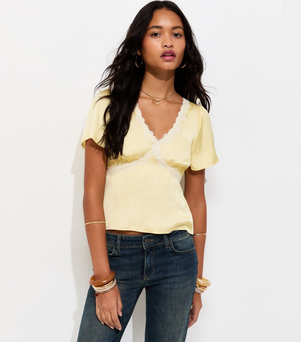 New Look New Look Light Yellow Lace Trim Flutter Sleeve Satin Tea Top