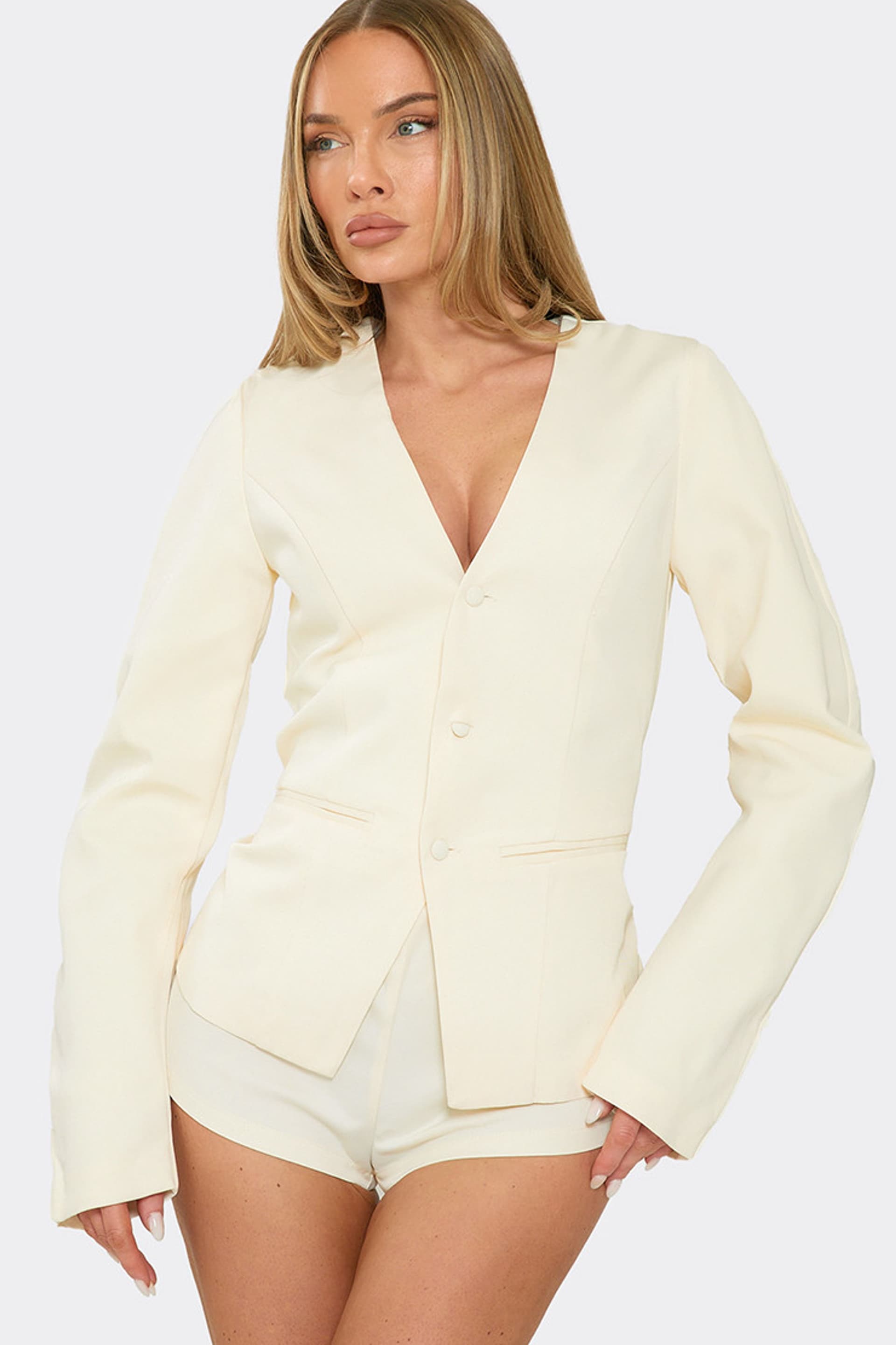 EGO EGO Women's Blazer Style Long Sleeve Plunging Neckline Cinched Playsuit in Lemon