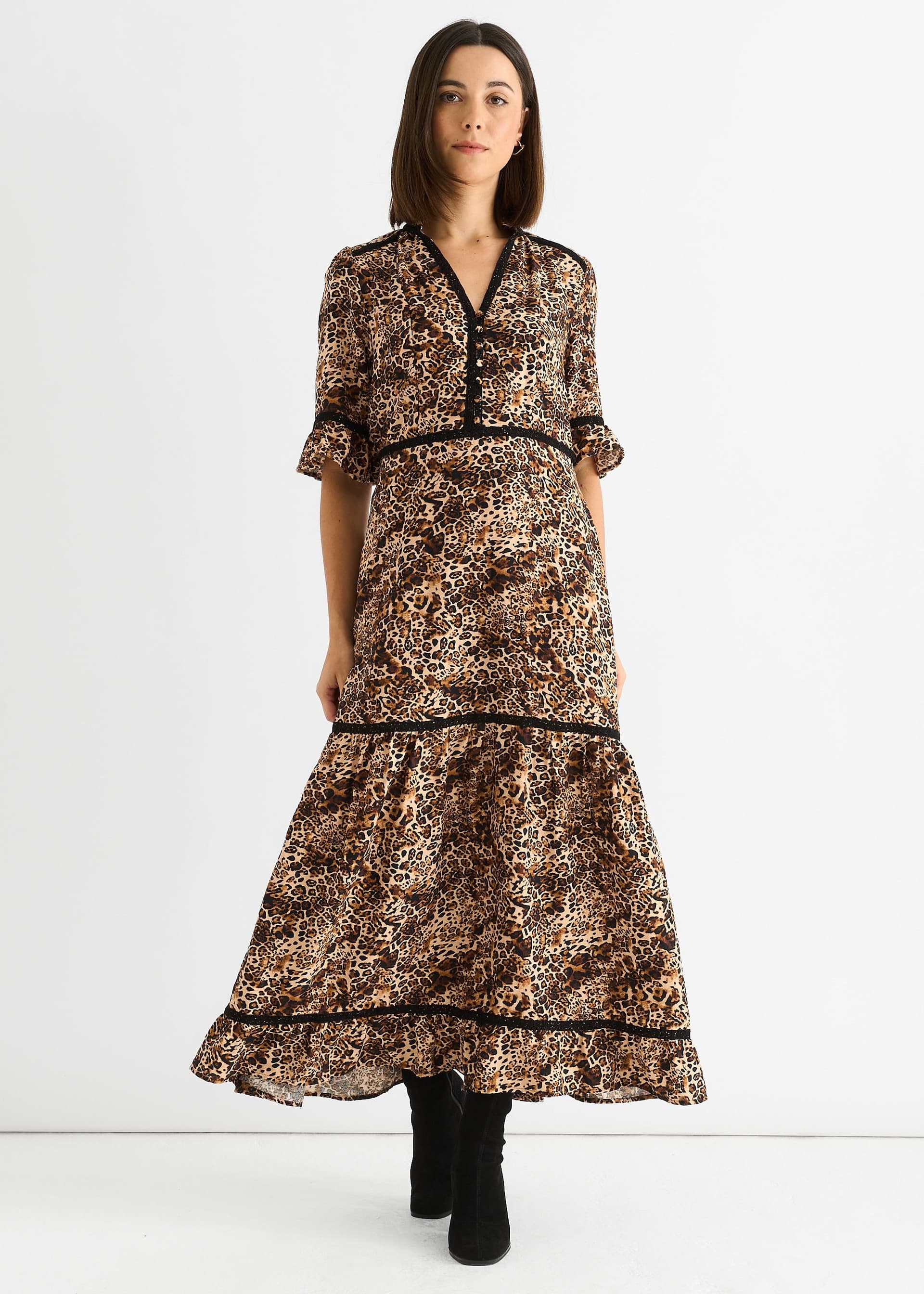 Gini London Gini London Women's Brown Animal Print Lace Trim Tiered Midi Dress