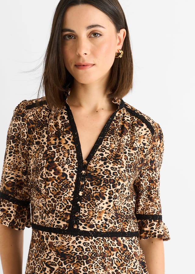 Gini London Gini London Women's Brown Animal Print Lace Trim Tiered Midi Dress - 2