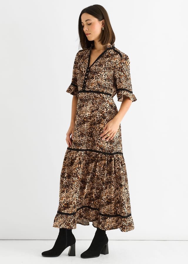 Gini London Gini London Women's Brown Animal Print Lace Trim Tiered Midi Dress - 3