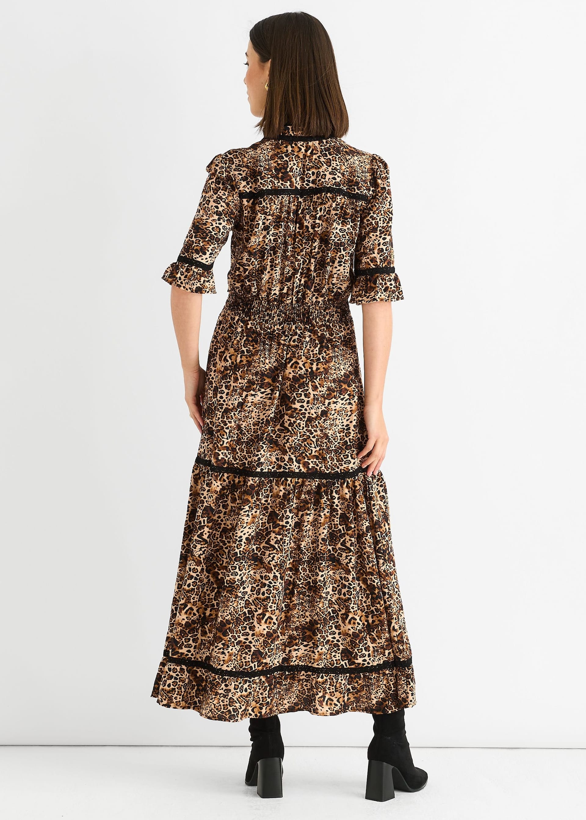 Gini London Gini London Women's Brown Animal Print Lace Trim Tiered Midi Dress - 4