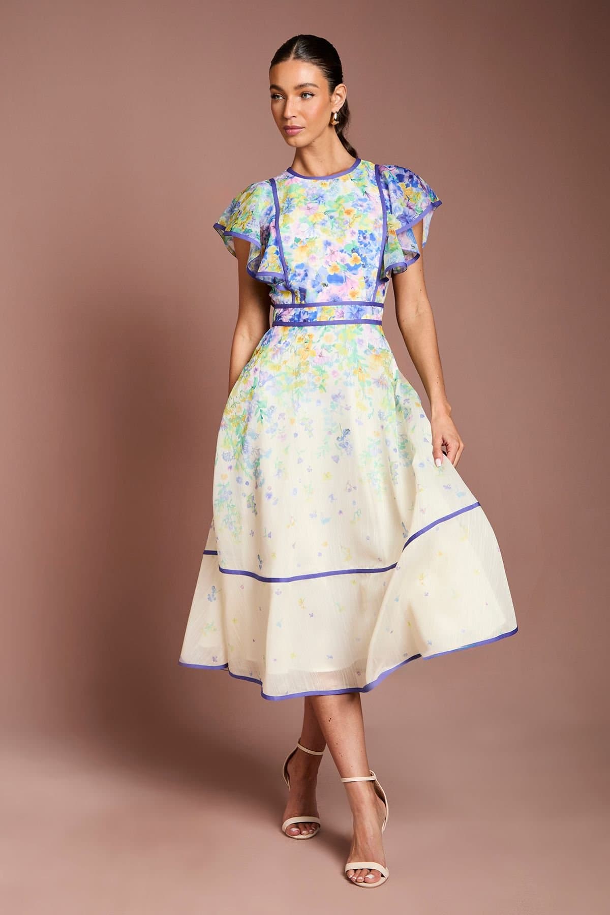 Coast Coast Women's Placement Print Frill Sleeve Midi Dress in Cream