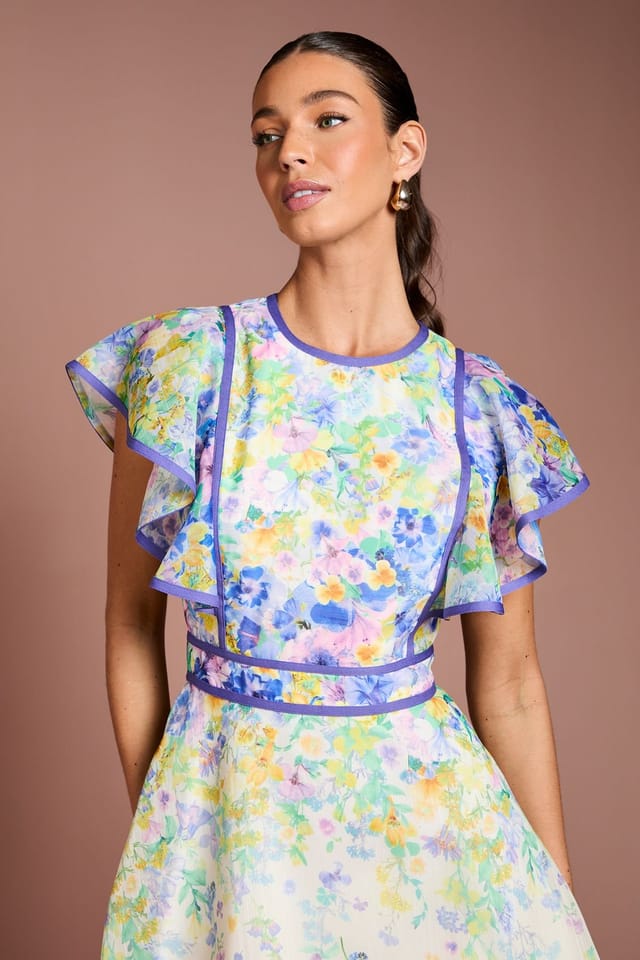 Coast Coast Women's Placement Print Frill Sleeve Midi Dress in Cream - 2