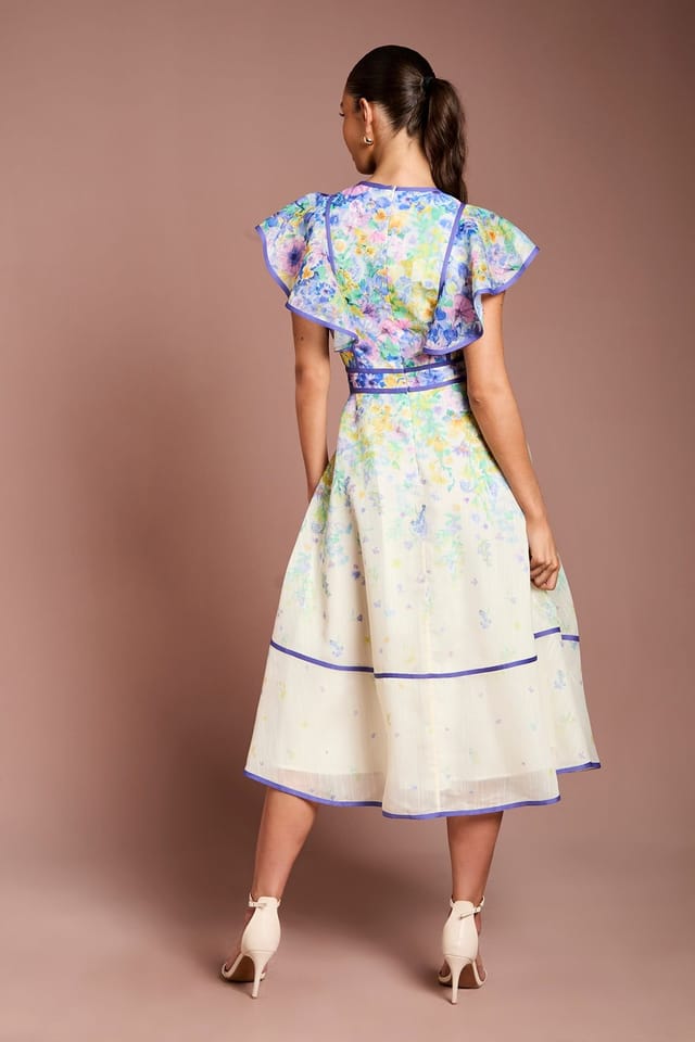 Coast Coast Women's Placement Print Frill Sleeve Midi Dress in Cream - 3