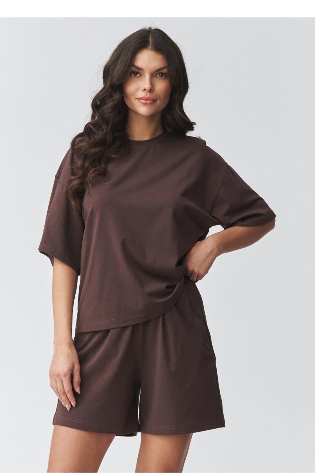 Love Lace Love Lace Women's Short Sleeve Blouse & Shorts Lounge Set in Brown