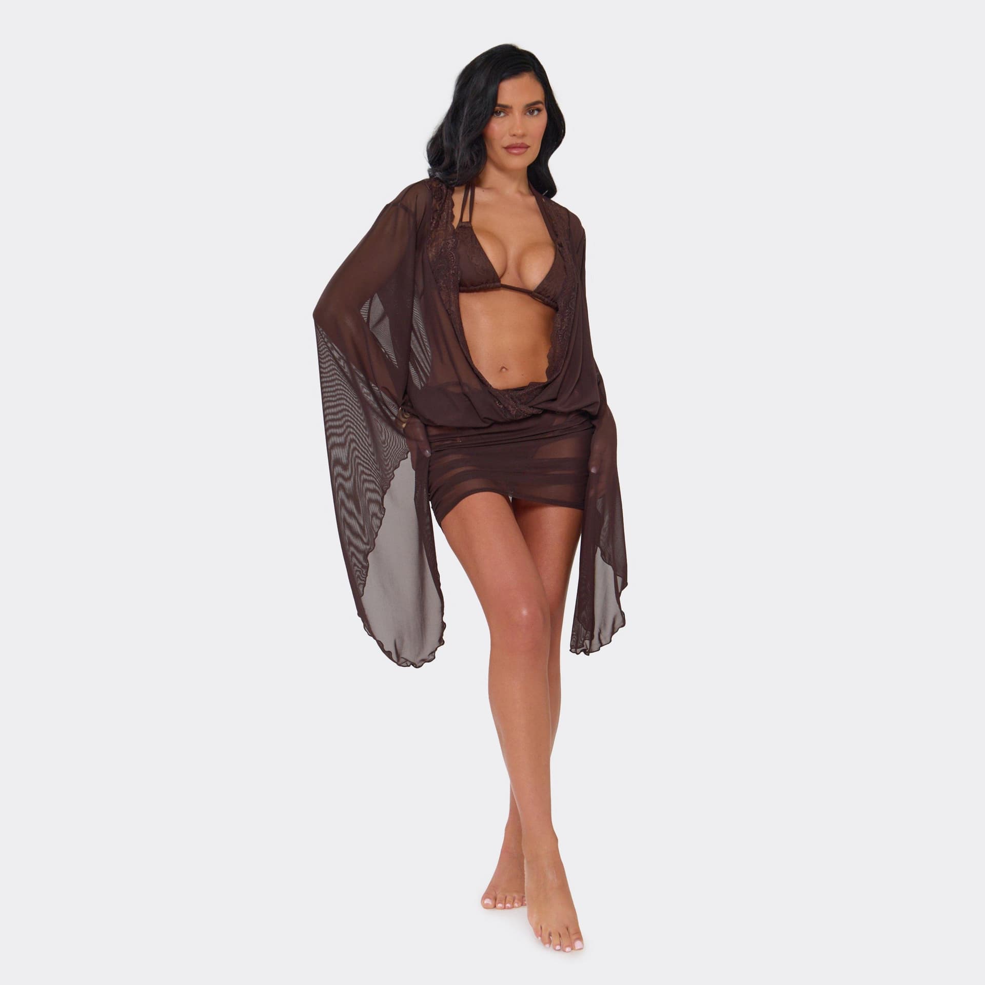 EGO Exaggerated Flared Sleeve Open Front Lace Trim Blouson Beach Mini Dress In Chocolate Brown, Women's Size UK 8