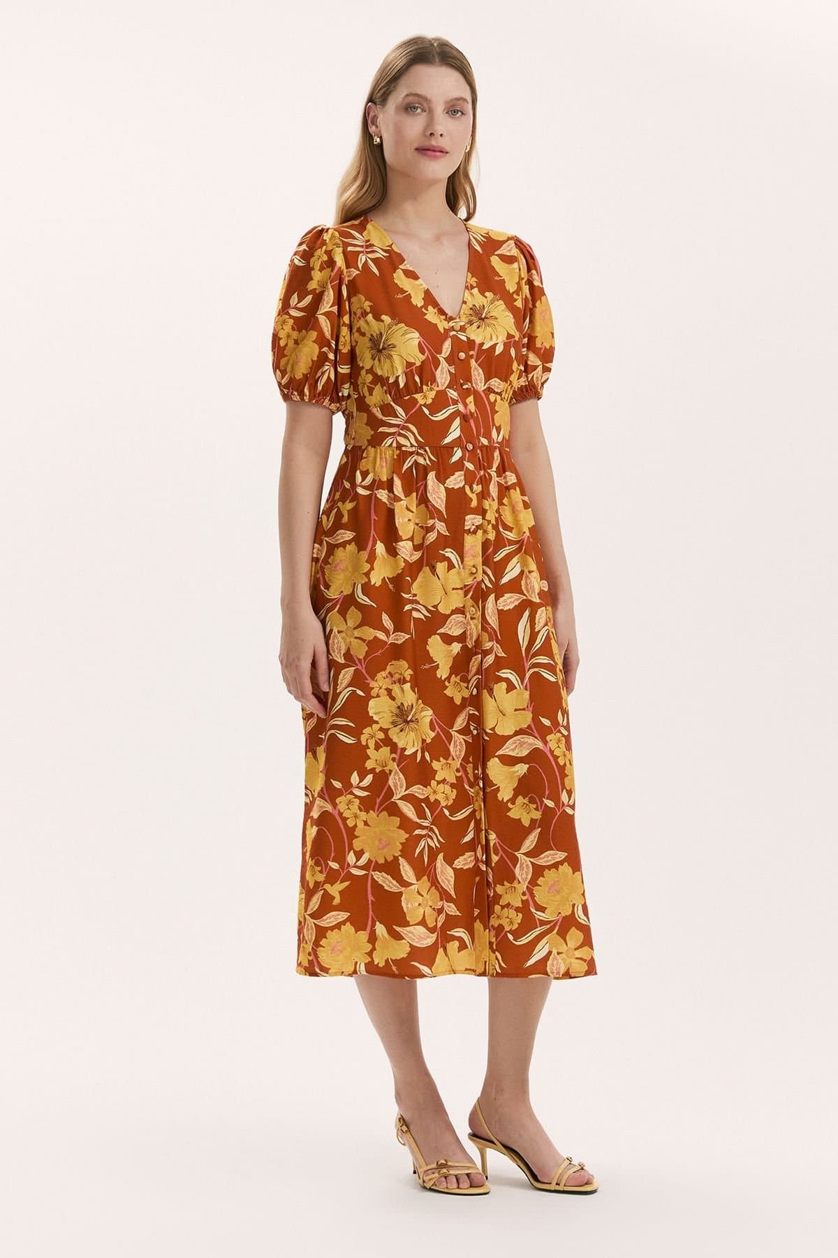 Finery London Finery London Women's QAddison Floral Linen Blend Midi Dress in Burnt Orange