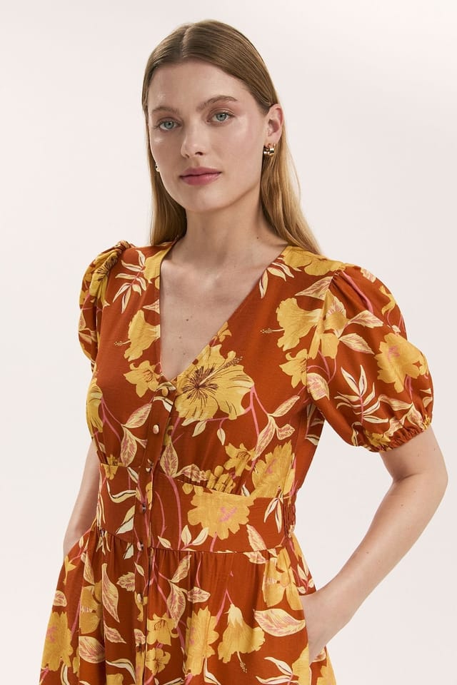 Finery London Finery London Women's QAddison Floral Linen Blend Midi Dress in Burnt Orange - 2