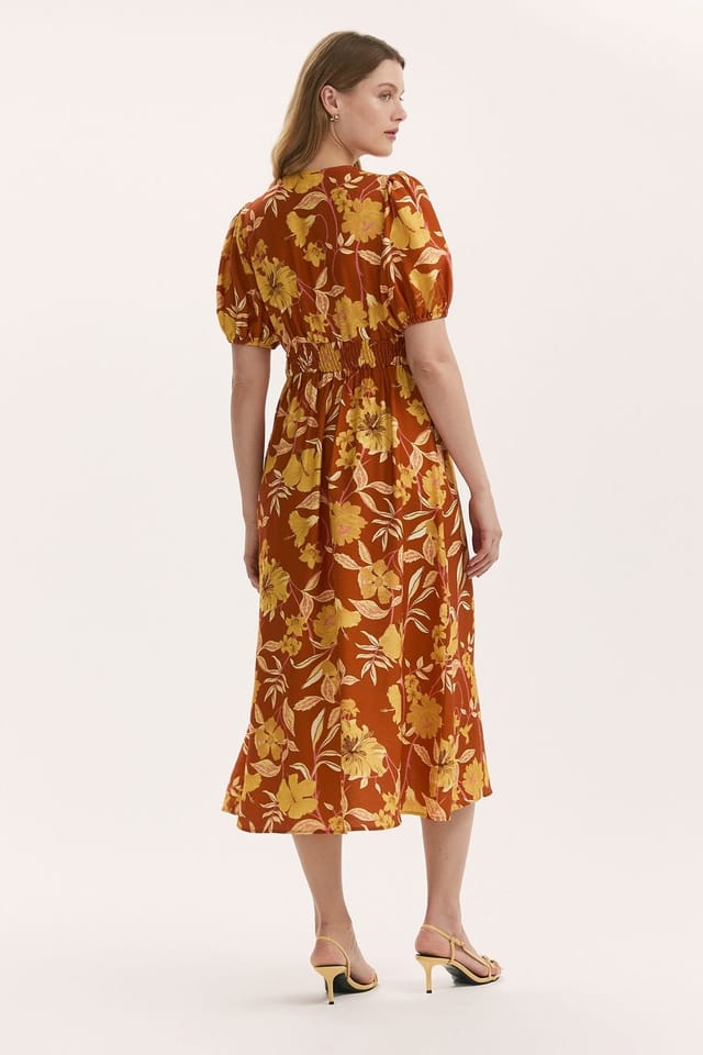 Finery London Finery London Women's QAddison Floral Linen Blend Midi Dress in Burnt Orange - 3