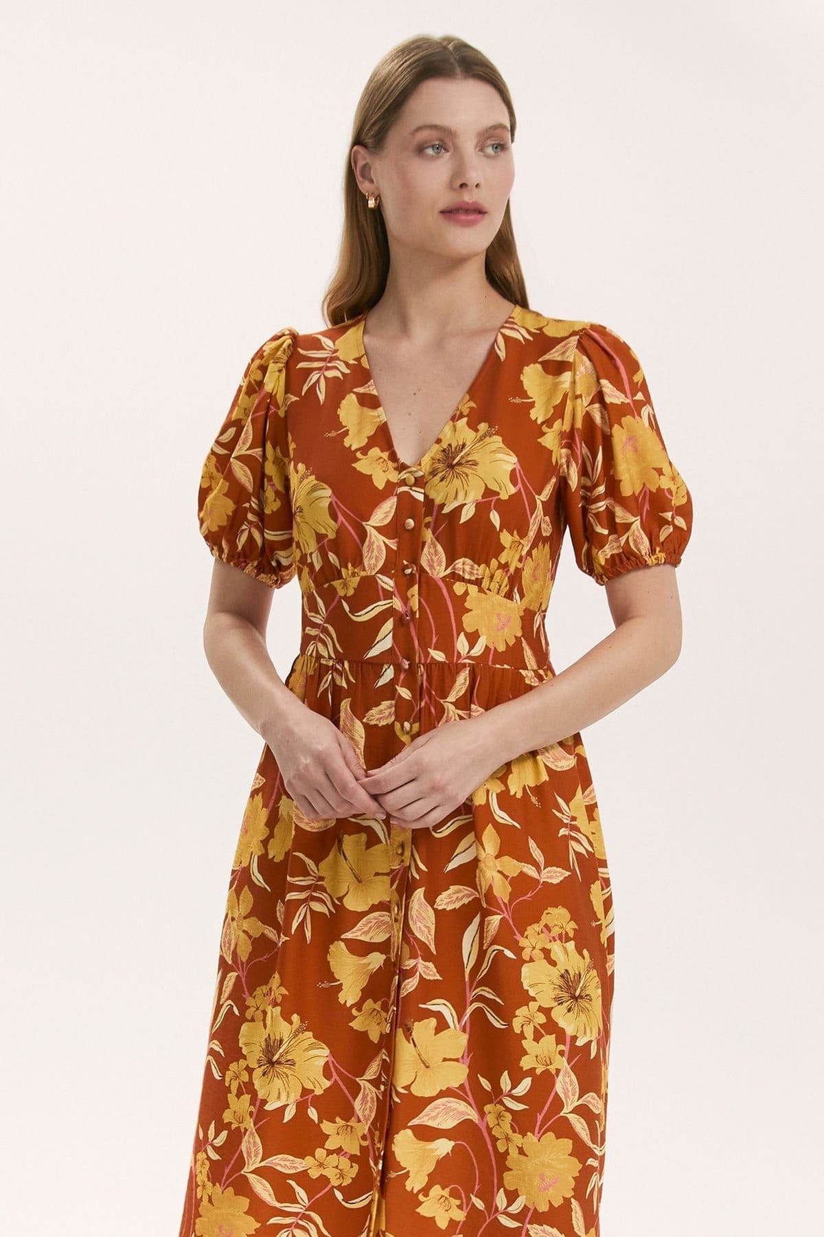 Finery London Finery London Women's QAddison Floral Linen Blend Midi Dress in Burnt Orange - 4