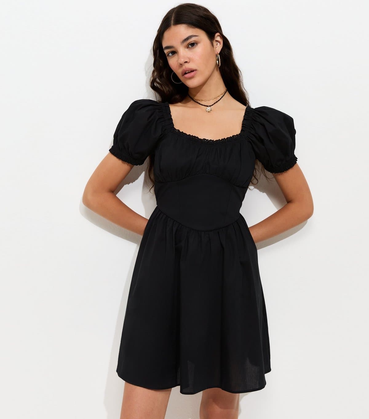 New Look Women's Black Cotton Lace Trim Corset Waist Milkmaid Mini Dress New Look