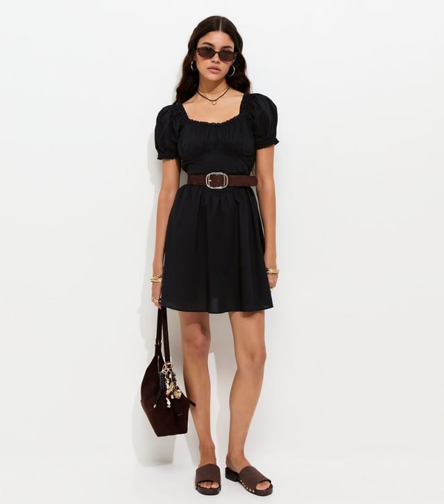 New Look Women's Black Cotton Lace Trim Corset Waist Milkmaid Mini Dress New Look - 2