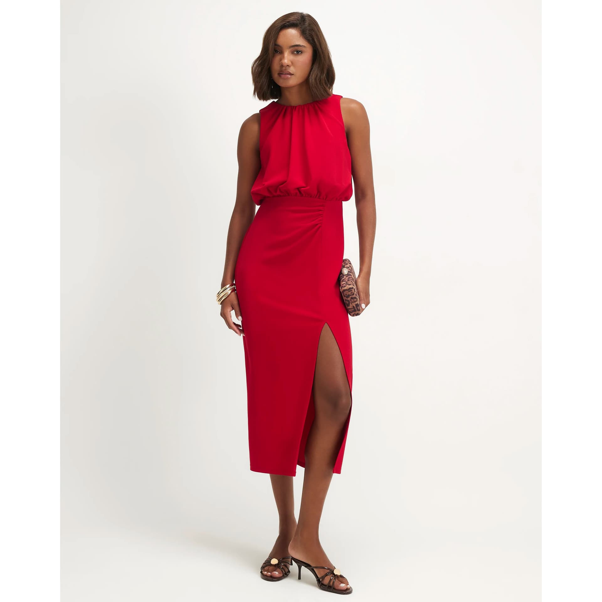 River Island River Island Womens Red Crew Neck Ruched Side Midi Dress