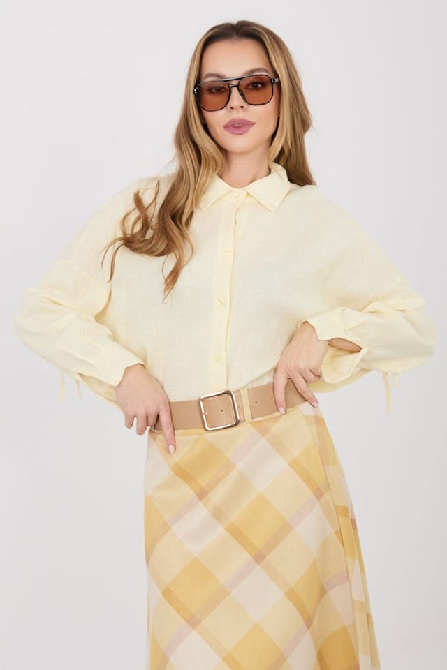 Love Lace Love Lace Women's Long Sleeve Tie Back Lyocell Cotton Linen Shirt in Yellow - 2