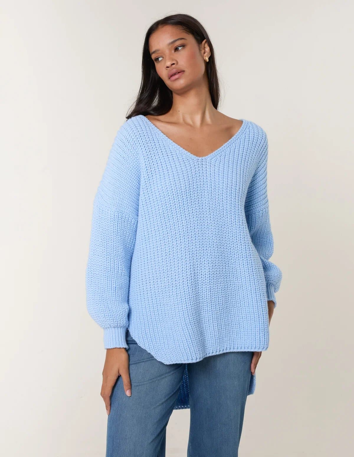 Blue Vanilla V Neck Chunky Jumper