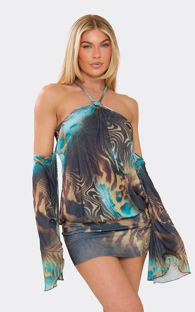 EGO Halterneck Flared Sleeve Trim Detail Blouson Mini Dress In Multi Animal Print, Women's Size UK 6 - 2