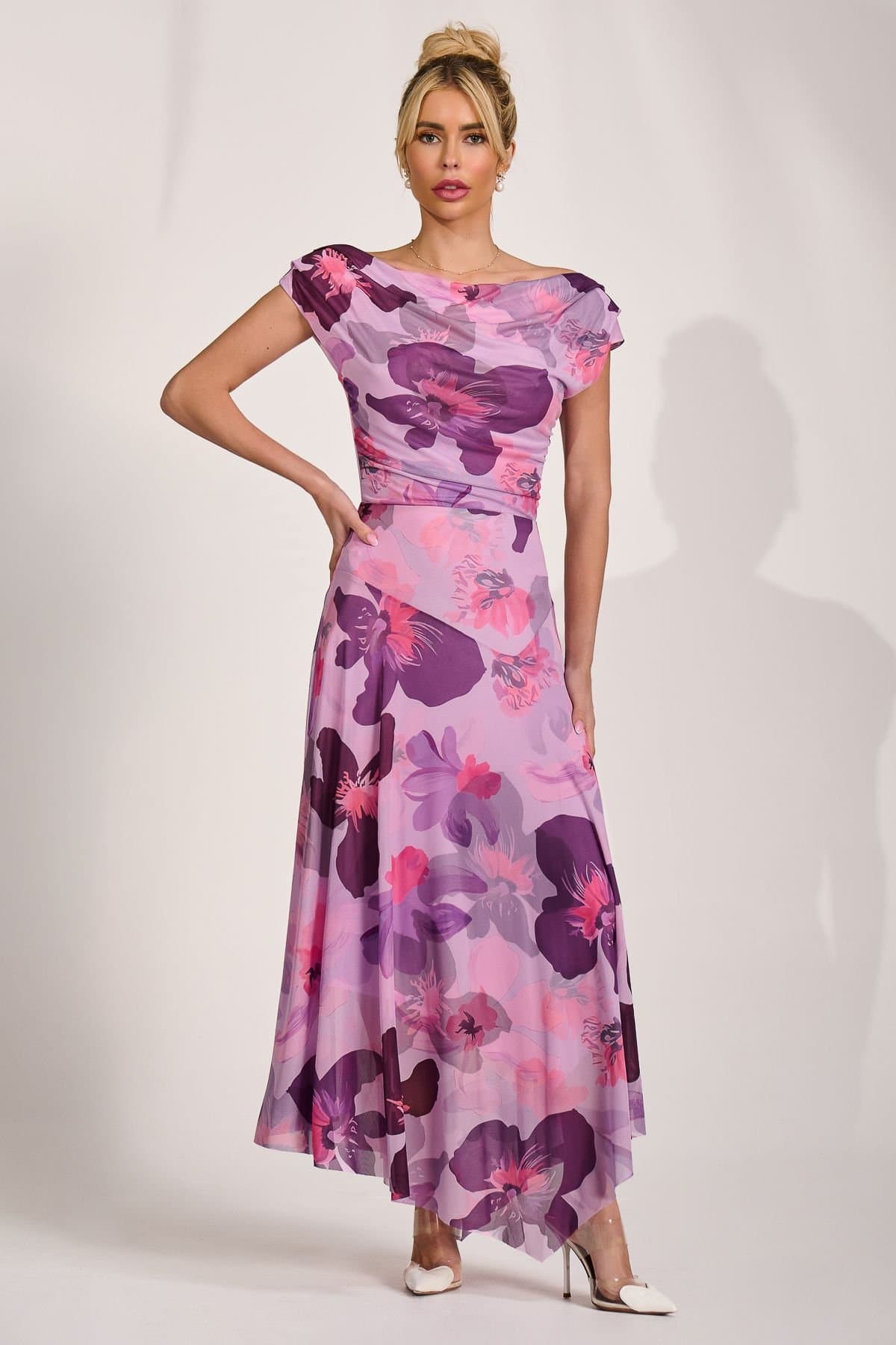 Jolie Moi Jolie Moi Women's Asymmetrical Draped Mesh Maxi Dress in Dark Pink